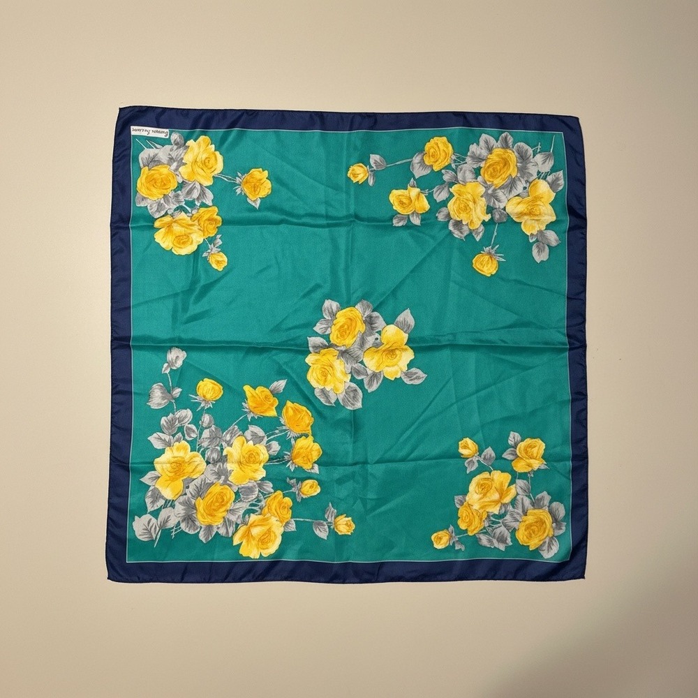 Gaemi Fashion Teal Green Yellow Rose Floral Navy Border Square Satin Scarf